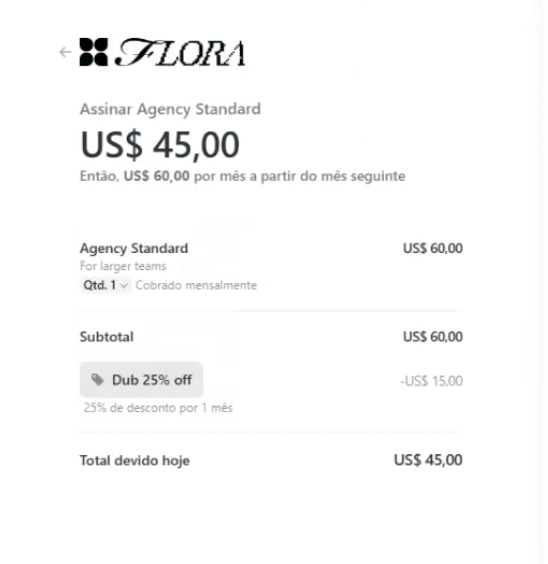 Checkout do Flora mostrando Subtotal US$ 60,00, linha Dub 25% off de menos US$ 15,00 e Total devido hoje US$ 45,00.